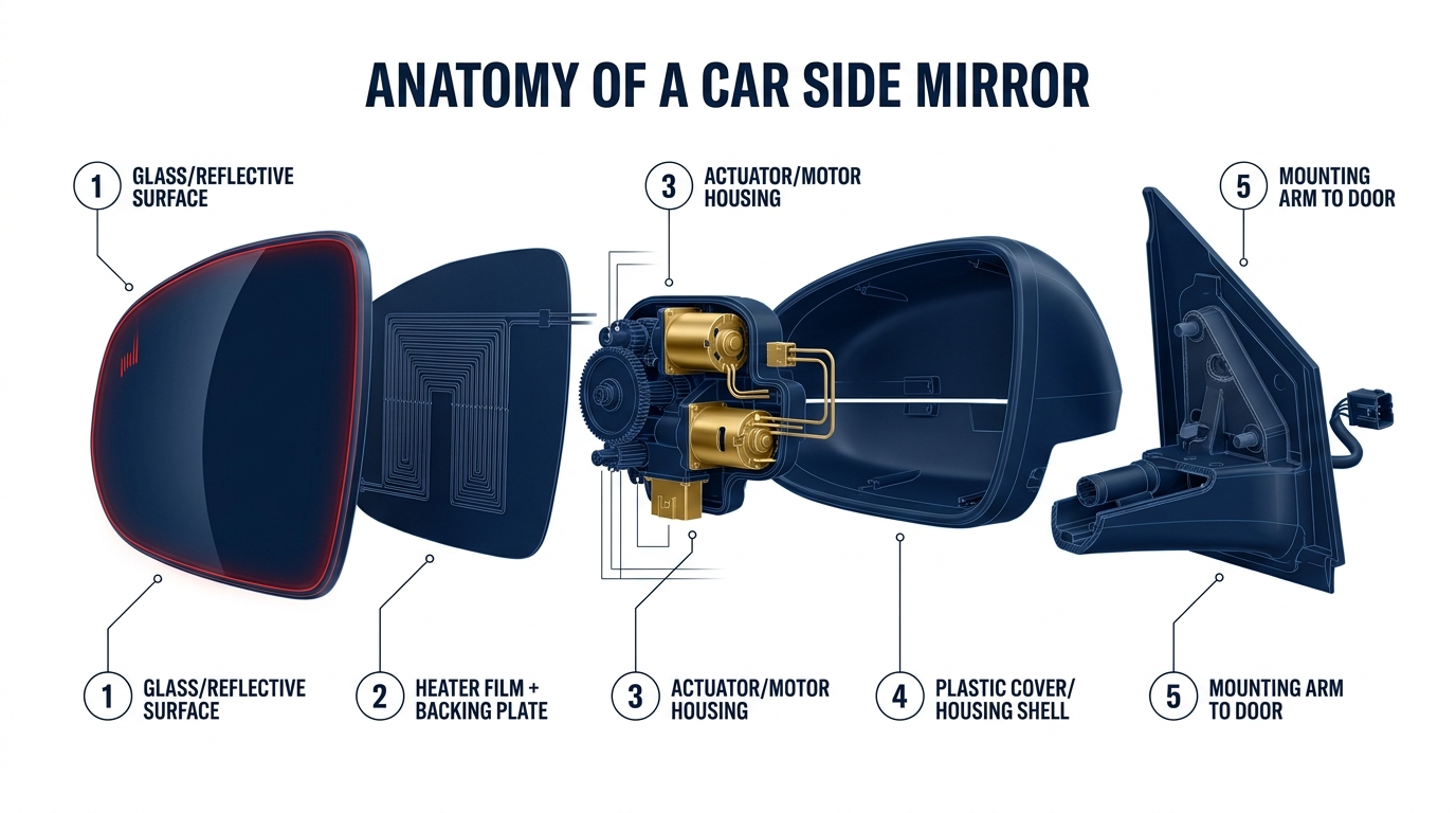 Anatomy of a car side mirror — the five layers