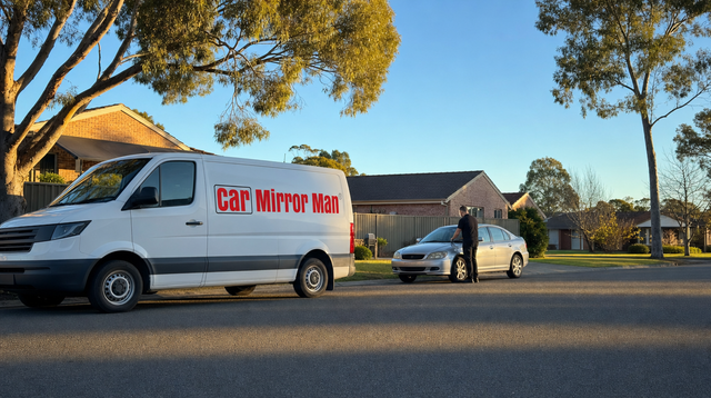 Car Mirror Man branded mobile van on a suburban street during a mirror replacement - roadworthy certificate side mirrors Victoria