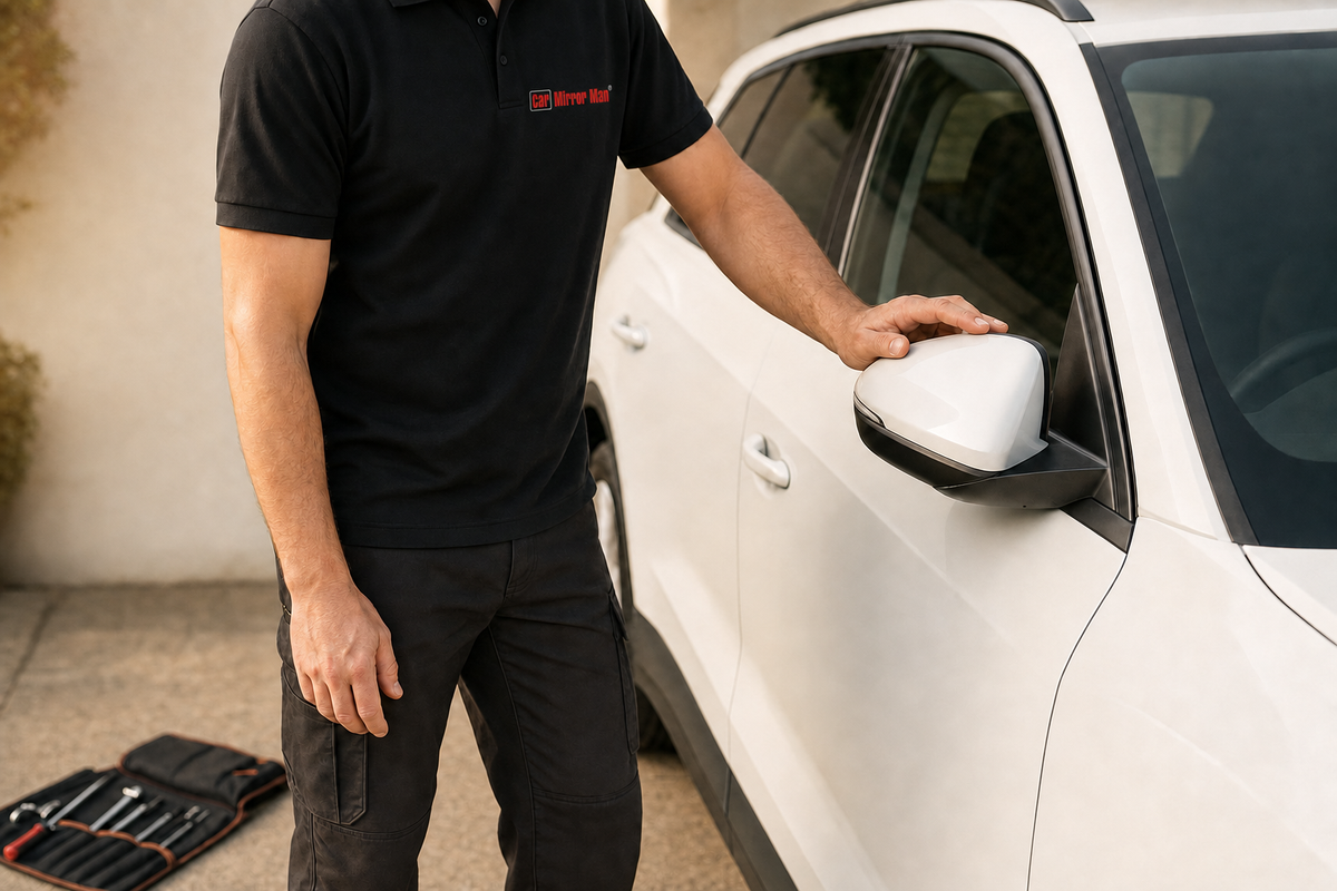 Hyundai side mirror replacement - a technician testing the power fold of a white compact SUV mirror in a driveway