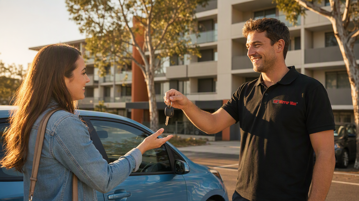 Car Mirror Man technician handing keys back after a mirror replacement - side mirror replacement cost Melbourne