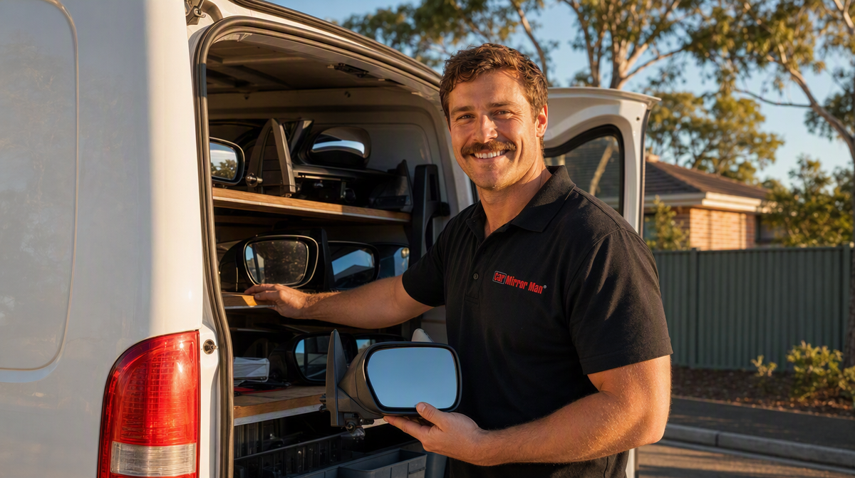 Car Mirror Man technician selecting a replacement side mirror from the van - side mirror replacement cost Sydney