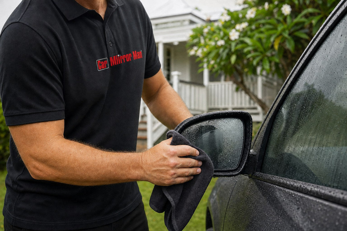 tradesman wiping condensation from a car side mirror in humid Brisbane weather