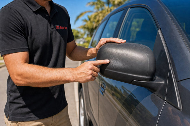 tradesman checking a sun-faded side mirror cover in Queensland sun