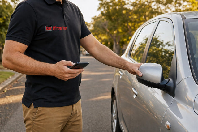 tradesman checking the side mirror of a used car before sale