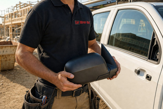 tradesman holding a replacement ute side mirror on a Brisbane job site