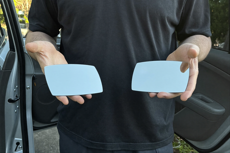 Flat vs convex car mirrors — Car Mirror Man technician comparing a flat and a convex wing-mirror glass side by side