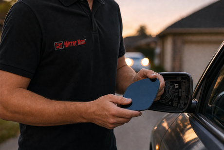 auto-dimming mirror replacement - technician fitting anti-glare side mirror glass in a driveway