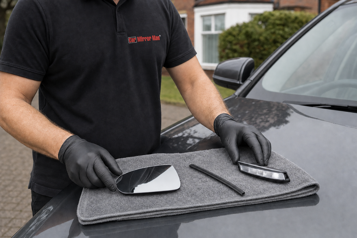 BMW side mirror replacement - technician laying out separate mirror parts on a bonnet