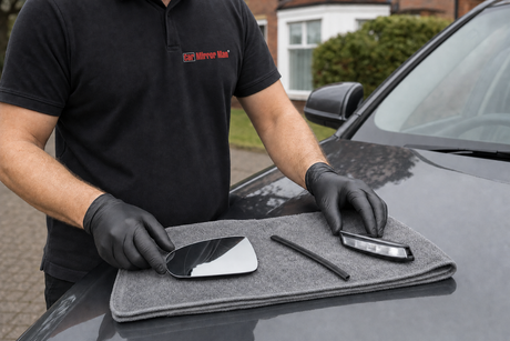 BMW side mirror replacement - technician laying out separate mirror parts on a bonnet