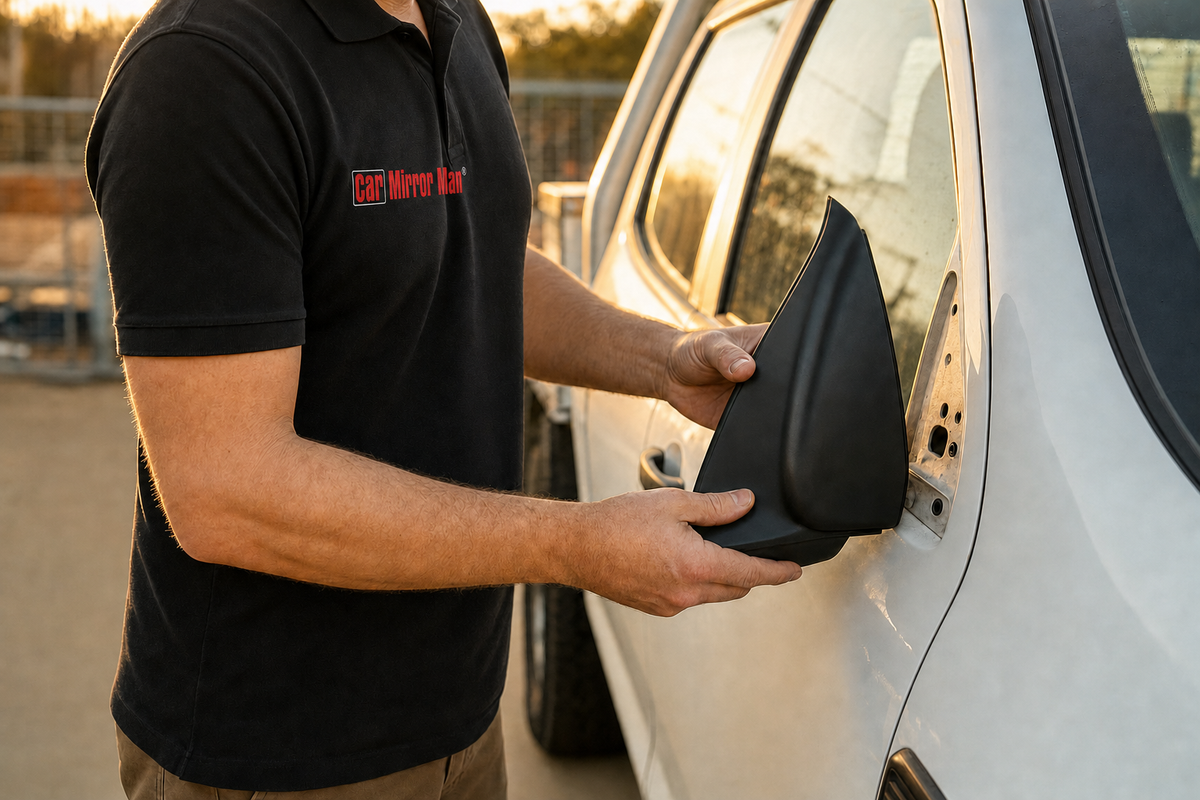 VW Amarok mirror repair - mirror head hanging off its broken base on a white ute