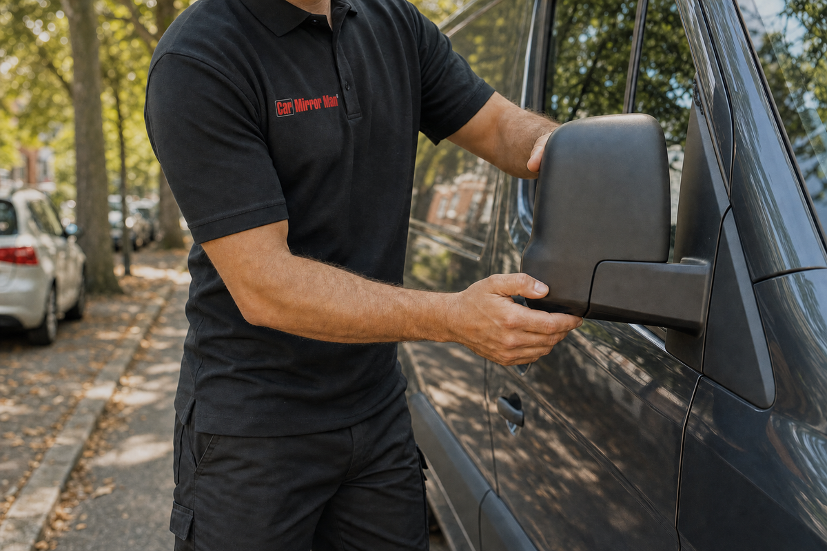 VW Transporter mirror repair - van mirror head detached from its broken base on a suburban street