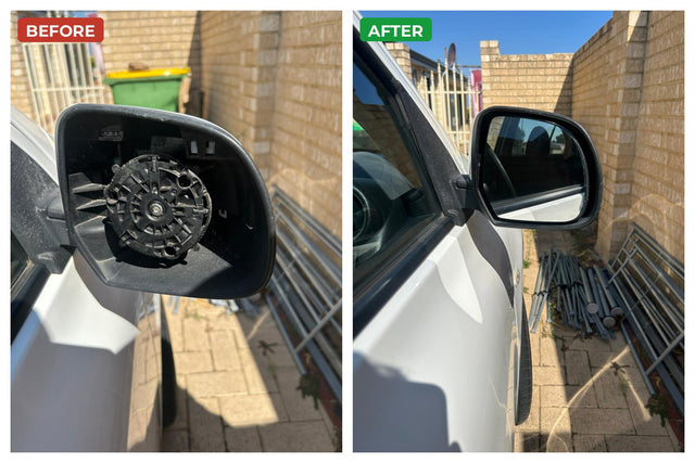 cracked mirror and NSW pink slip inspection - mirror glass replaced before re-inspection in Sydney