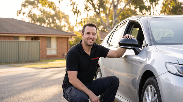 Car Mirror Man technician checking a correctly refitted side mirror on a car