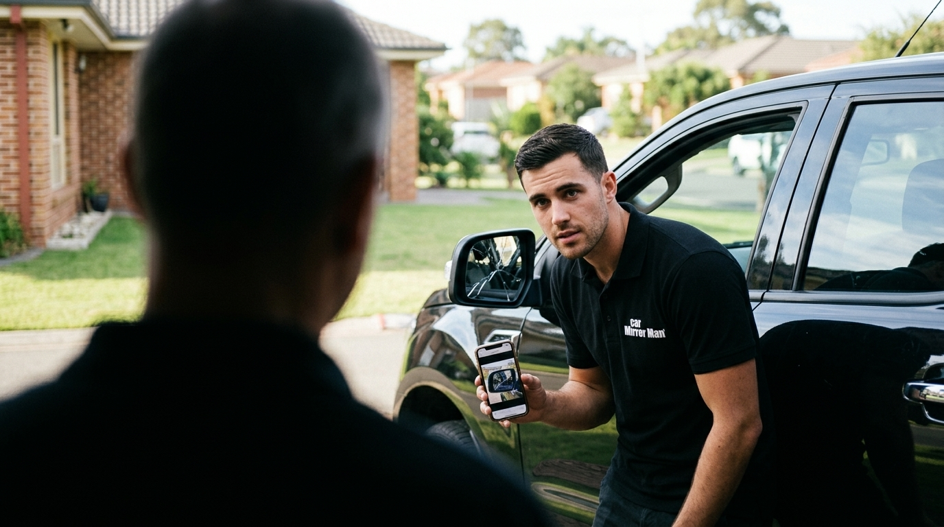 Cracked side mirror on a car — Car Mirror Man mobile technician assessing the damage before glass-only replacement.