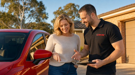 Car Mirror Man technician explaining a side mirror repair to a customer - broken side mirror law NSW