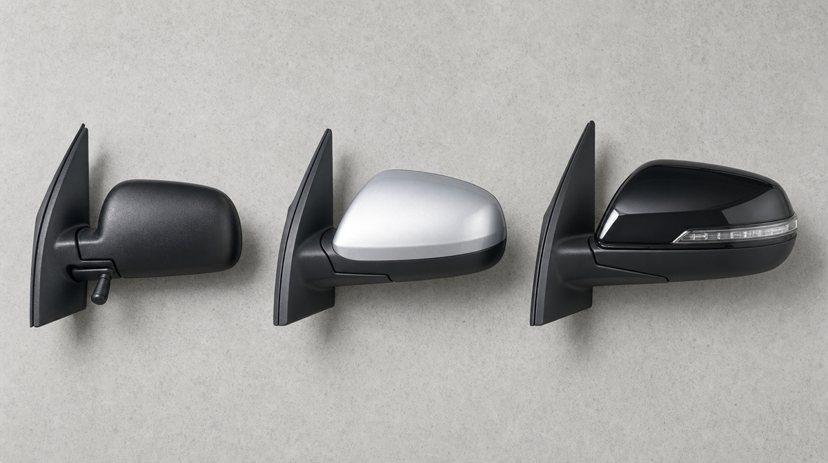 Three exterior car door mirrors side by side, manual, powered and modern with indicator - wing mirror vs side mirror vs rear-view mirror explained