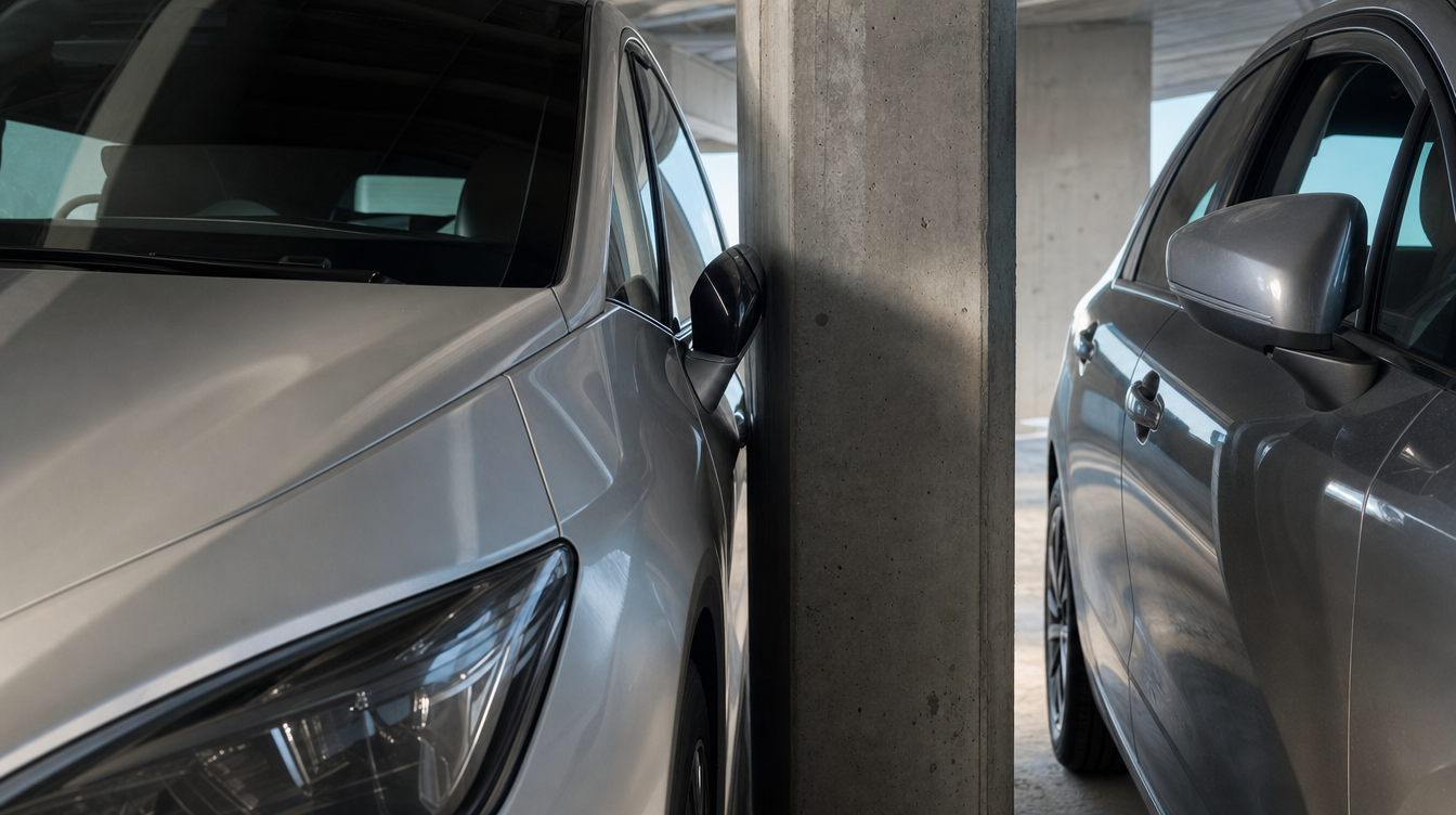 Car parked with its side mirror folded hard against a concrete pillar in a tight multi-storey carpark bay - why Sydney carparks break so many side mirrors