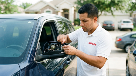 Electric folding mirror motor repair — Car Mirror Man technician diagnosing the fault motor on a customer vehicle.