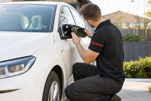 rideshare driver mirror repair Melbourne - technician fitting a side mirror on a sedan in a suburban driveway