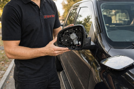 side mirror grinding clicking buzzing noise - technician holding the open mirror housing showing the motor and gears