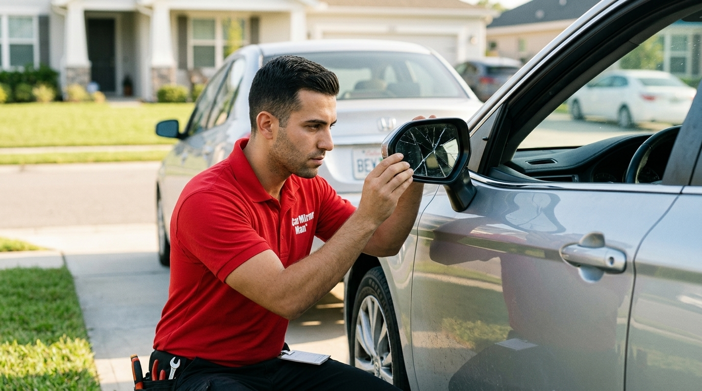 Side mirror replacement cost Australia — Car Mirror Man technician showing the parts and pricing options to a customer.