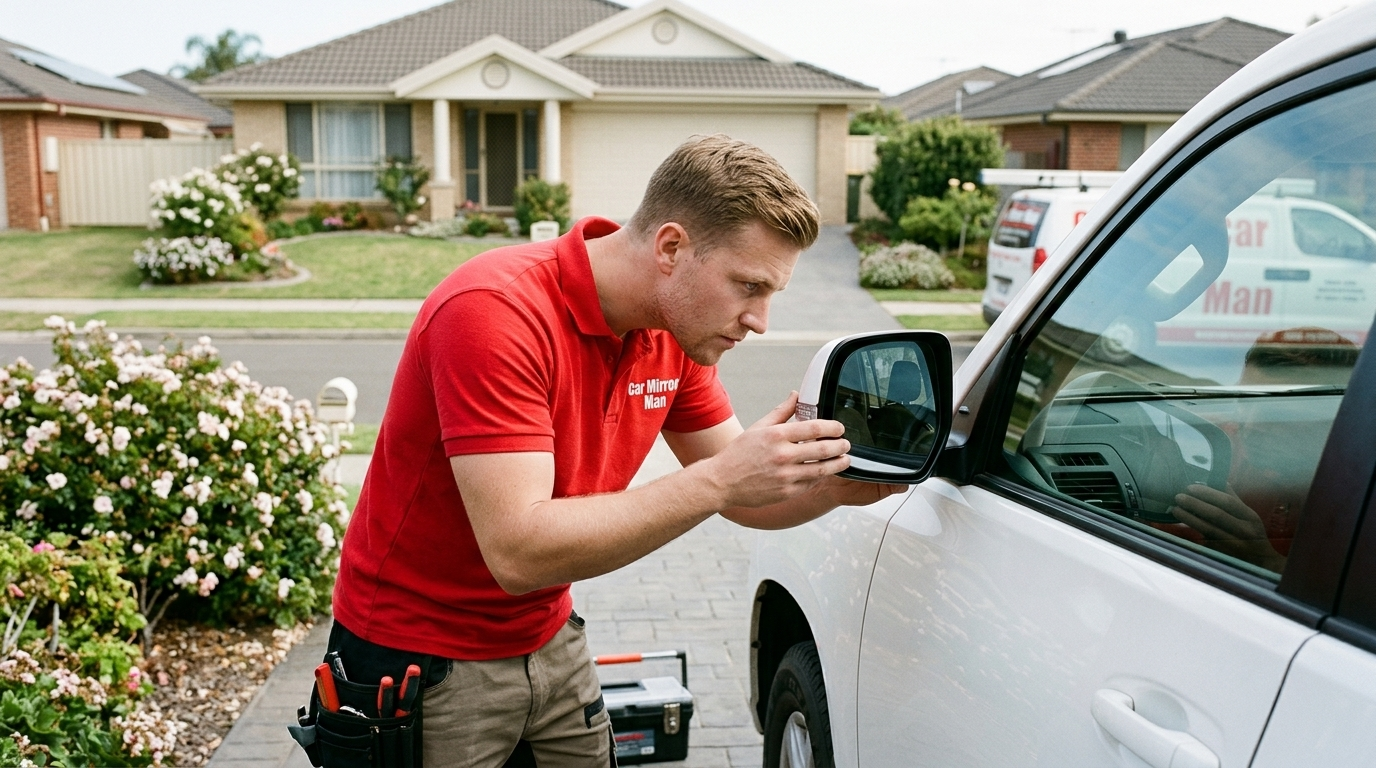Why older drivers hate convex mirrors — technician demonstrating distance perception on a flat glass insert vs convex.