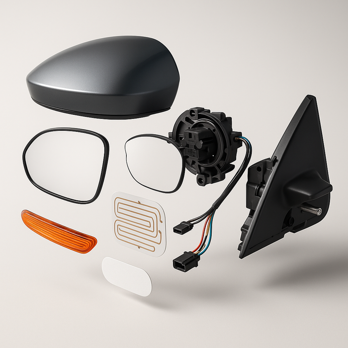 3D exploded view of a car side mirror and all its parts