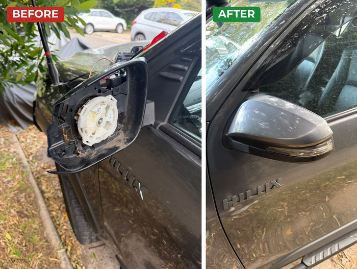 Toyota HiLux side mirror motor exposed and replaced, before and after
