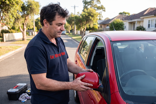Car Mirror Man technician replacing a car side mirror in Melbourne