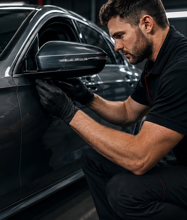 Car Mirror Man technician replacing a side mirror